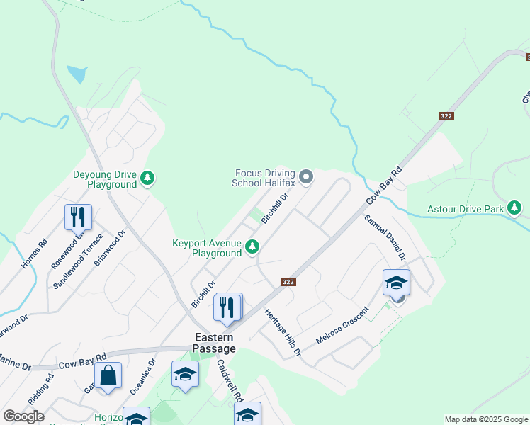 map of restaurants, bars, coffee shops, grocery stores, and more near 101 Birchhill Drive in Eastern Passage