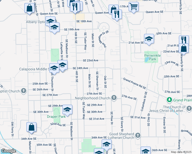 map of restaurants, bars, coffee shops, grocery stores, and more near 2444 Southeast Sherman Street in Albany