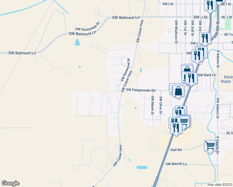 map of restaurants, bars, coffee shops, grocery stores, and more near 671 Southwest Fairgrounds Road in Madras