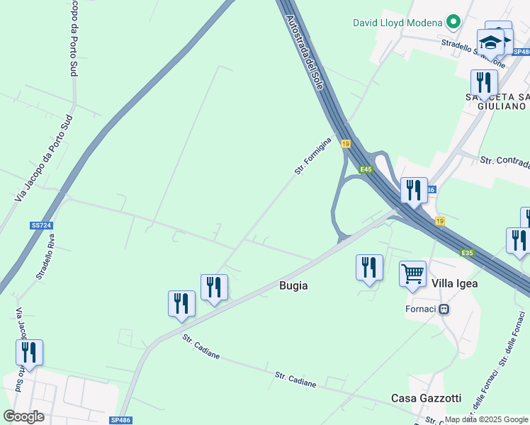 map of restaurants, bars, coffee shops, grocery stores, and more near 56 Stradello Canale di Corlo in Baggiovara