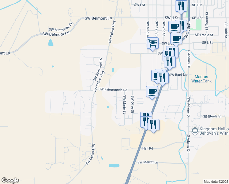 map of restaurants, bars, coffee shops, grocery stores, and more near 511 Southwest Fairgrounds Road in Madras