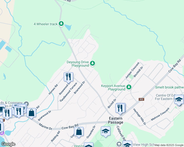 map of restaurants, bars, coffee shops, grocery stores, and more near 25 Deyoung Drive in Eastern Passage