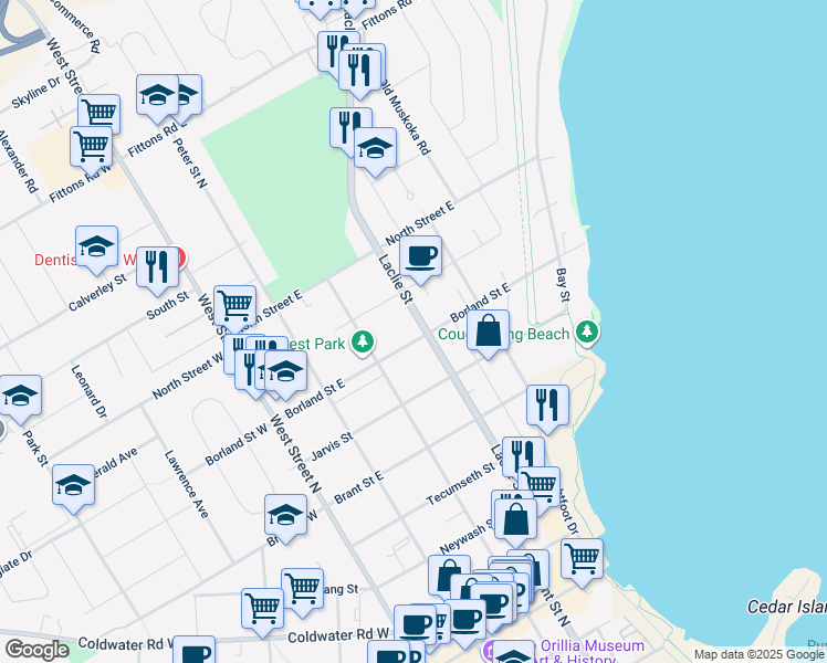 map of restaurants, bars, coffee shops, grocery stores, and more near 112 Borland Street East in Orillia