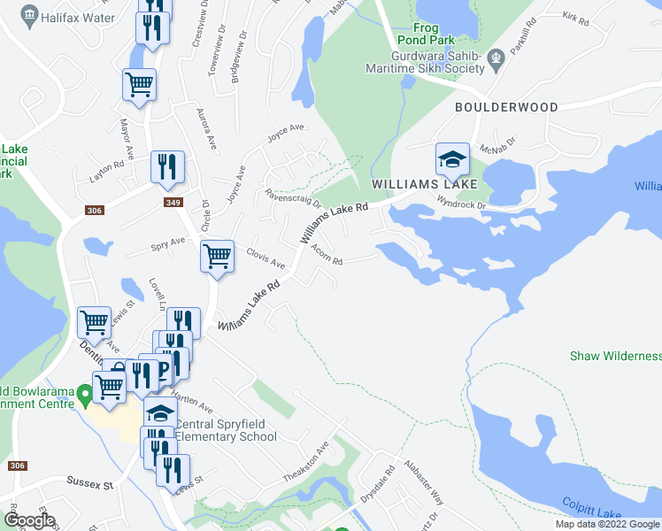 map of restaurants, bars, coffee shops, grocery stores, and more near 15 Acorn Road in Halifax