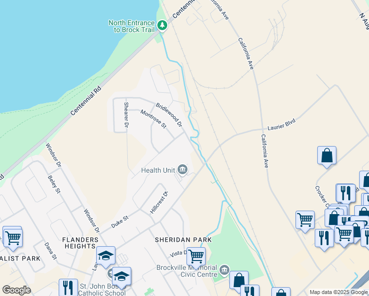 map of restaurants, bars, coffee shops, grocery stores, and more near 1026 Bridlewood Drive in Brockville