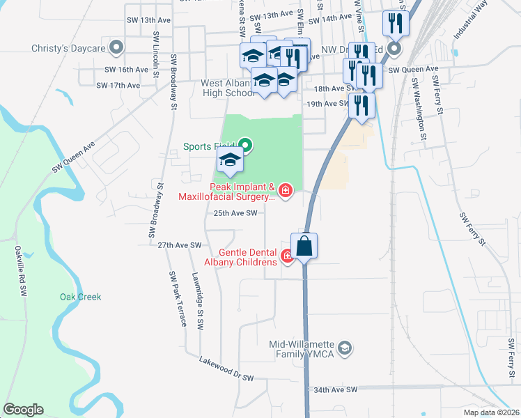 map of restaurants, bars, coffee shops, grocery stores, and more near 1120 25th Avenue Southwest in Albany
