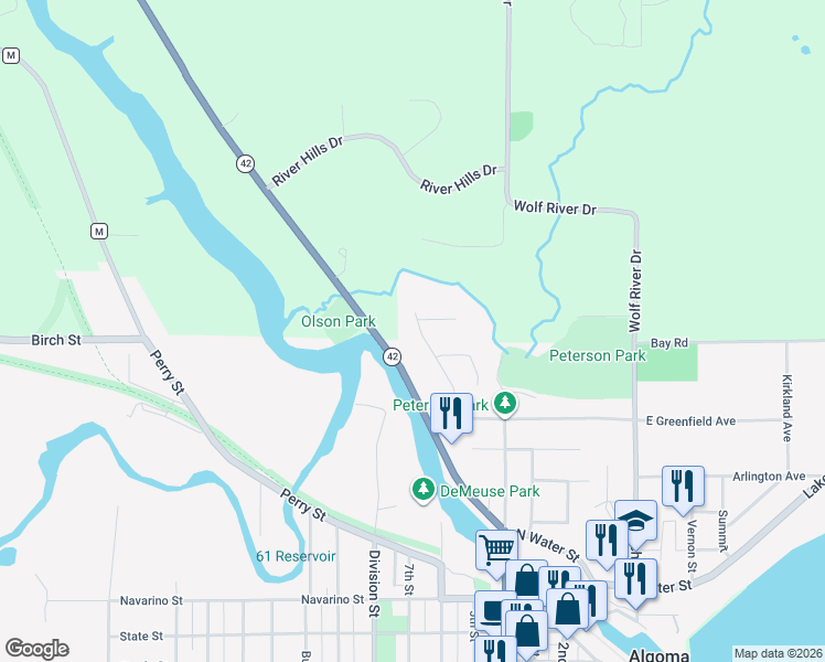 map of restaurants, bars, coffee shops, grocery stores, and more near 721 Alpine Road in Algoma