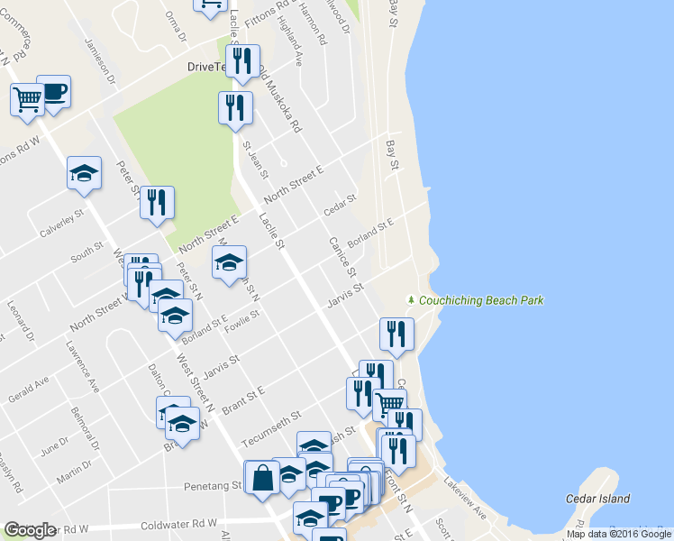 map of restaurants, bars, coffee shops, grocery stores, and more near in Orillia