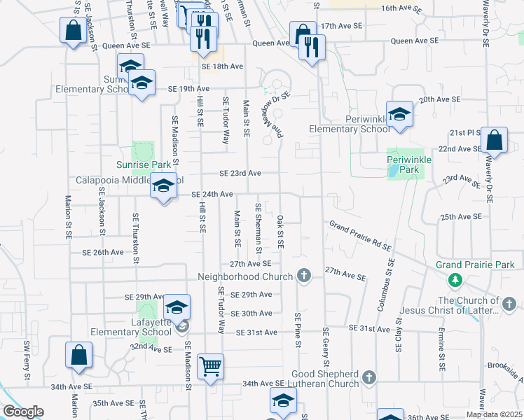 map of restaurants, bars, coffee shops, grocery stores, and more near 2428 Oak Street Southeast in Albany