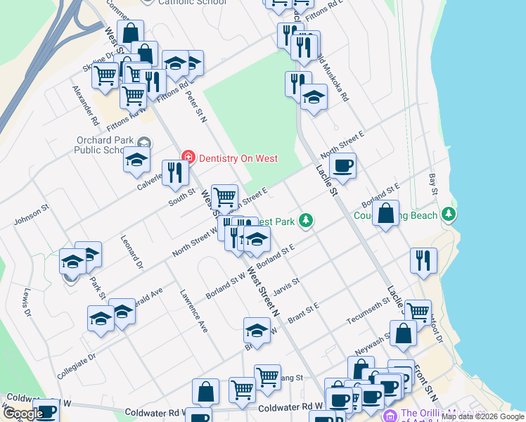 map of restaurants, bars, coffee shops, grocery stores, and more near 306 Peter Street North in Orillia