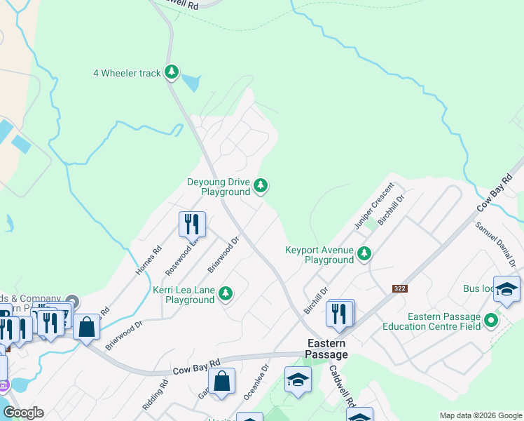 map of restaurants, bars, coffee shops, grocery stores, and more near 25 Deyoung Drive in Eastern Passage