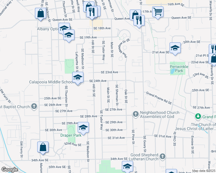 map of restaurants, bars, coffee shops, grocery stores, and more near 2423 Main Street Southeast in Albany