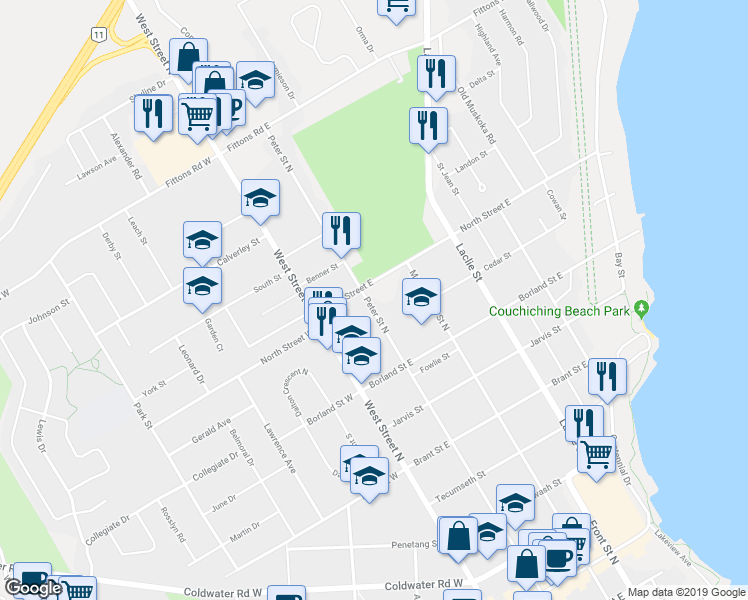 map of restaurants, bars, coffee shops, grocery stores, and more near 306 Peter Street North in Orillia