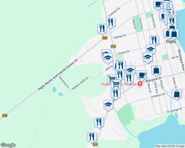 map of restaurants, bars, coffee shops, grocery stores, and more near 63 Shreve Street in Digby