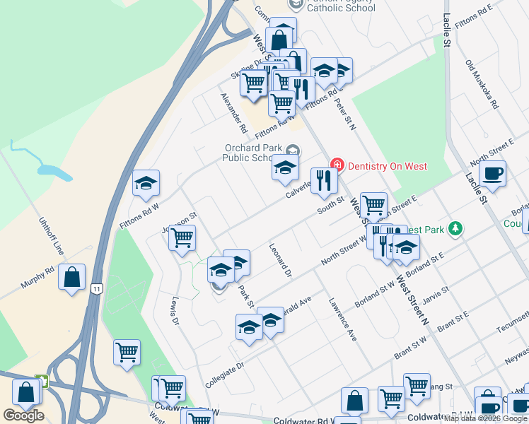 map of restaurants, bars, coffee shops, grocery stores, and more near 51 Calverley Street in Orillia