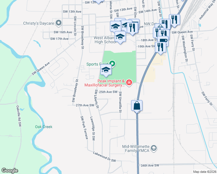 map of restaurants, bars, coffee shops, grocery stores, and more near 1170 25th Avenue Southwest in Albany