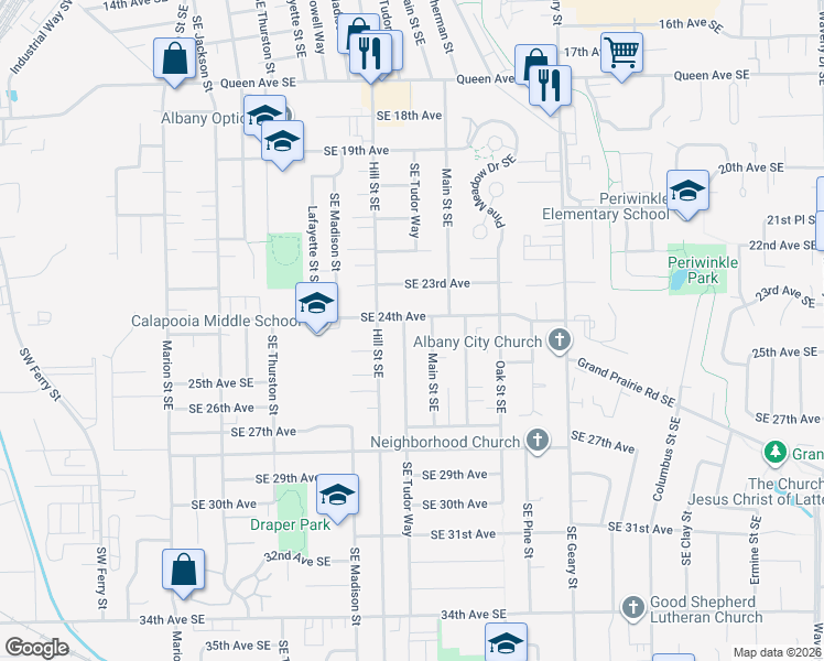 map of restaurants, bars, coffee shops, grocery stores, and more near 2500 Main Street Southeast in Albany
