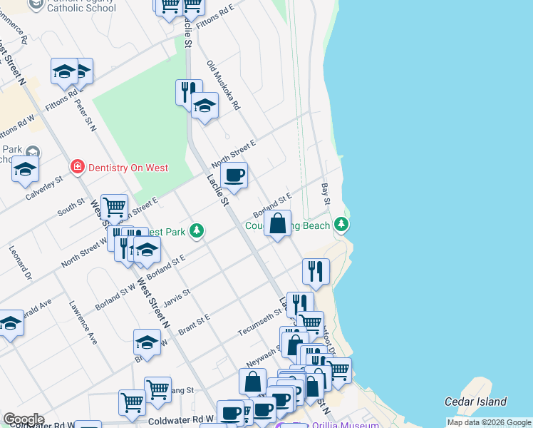 map of restaurants, bars, coffee shops, grocery stores, and more near in Orillia