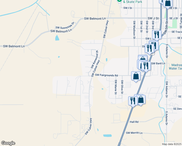 map of restaurants, bars, coffee shops, grocery stores, and more near 671 Southwest Fairgrounds Road in Madras