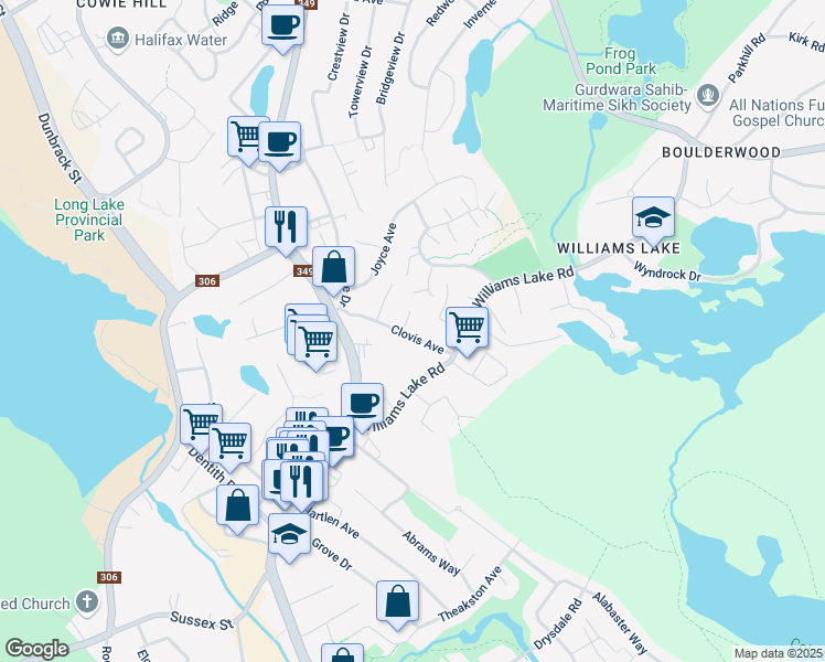 map of restaurants, bars, coffee shops, grocery stores, and more near 7 Crabapple Lane in Halifax
