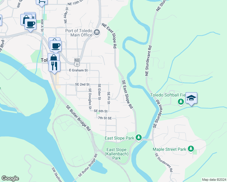 map of restaurants, bars, coffee shops, grocery stores, and more near 301-313 SE Olson Rd in Toledo