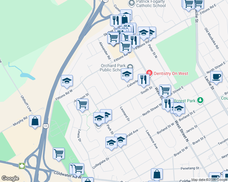 map of restaurants, bars, coffee shops, grocery stores, and more near 42 Calverley Street in Orillia