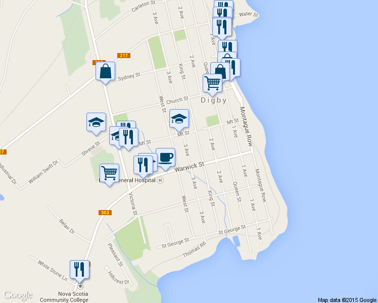 map of restaurants, bars, coffee shops, grocery stores, and more near 84 Third Avenue in Digby