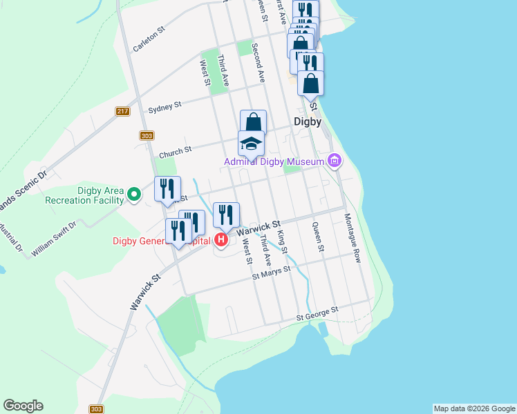map of restaurants, bars, coffee shops, grocery stores, and more near 84 Third Avenue in Digby