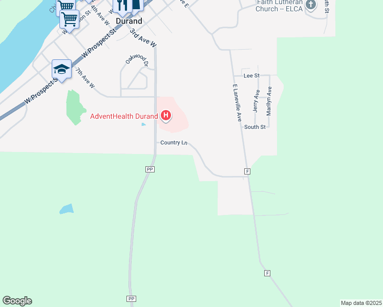 map of restaurants, bars, coffee shops, grocery stores, and more near 175 Country Lane in Durand