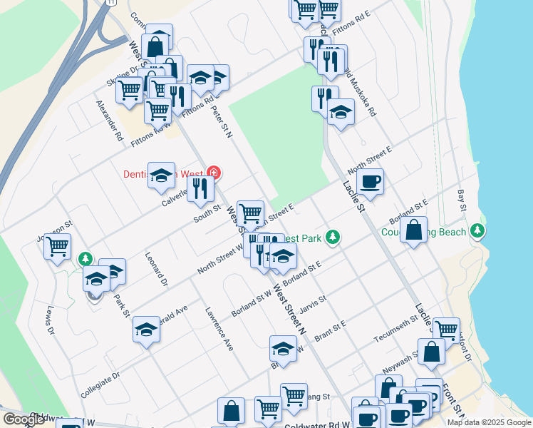 map of restaurants, bars, coffee shops, grocery stores, and more near 335 Peter Street North in Orillia