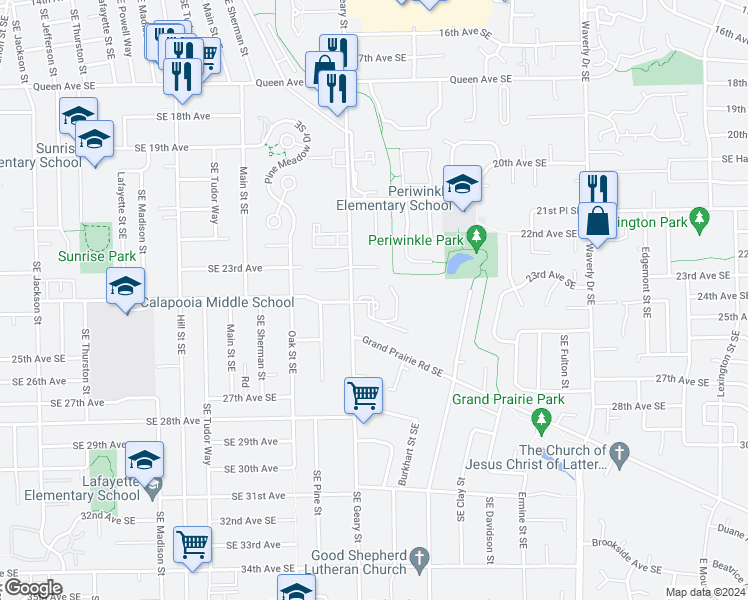 map of restaurants, bars, coffee shops, grocery stores, and more near 2445 Southeast Geary Street in Albany