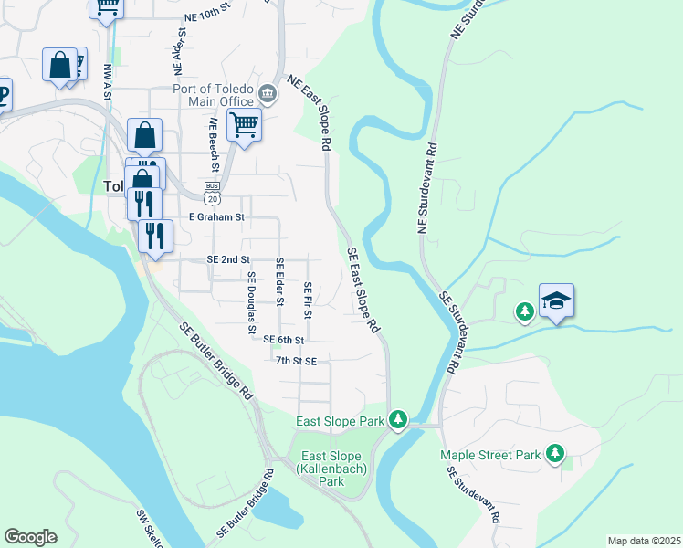 map of restaurants, bars, coffee shops, grocery stores, and more near 301 Southeast Olson Road in Toledo
