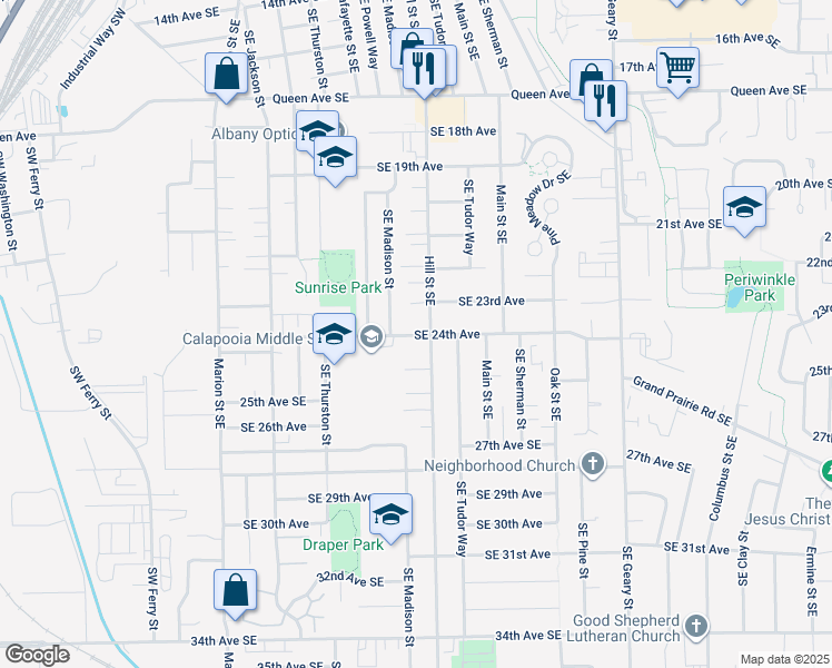 map of restaurants, bars, coffee shops, grocery stores, and more near 2357 Southeast Madison Street in Albany