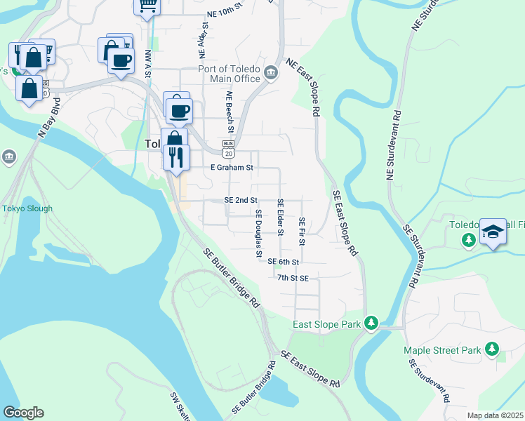 map of restaurants, bars, coffee shops, grocery stores, and more near 421 Southeast 2nd Street in Toledo