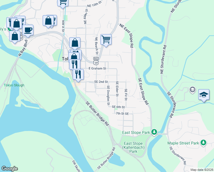 map of restaurants, bars, coffee shops, grocery stores, and more near 421 Southeast 2nd Street in Toledo