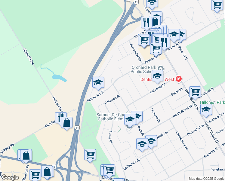 map of restaurants, bars, coffee shops, grocery stores, and more near 85 Fittons Road West in Orillia