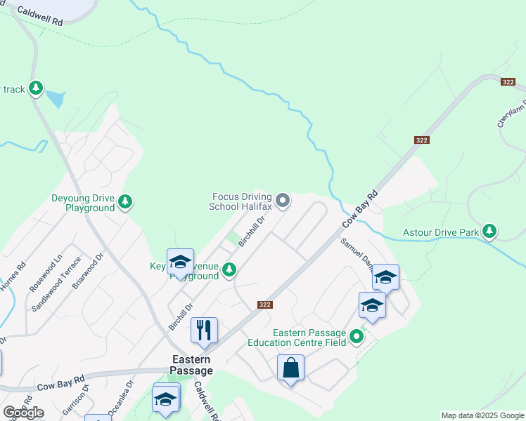 map of restaurants, bars, coffee shops, grocery stores, and more near 122 Birchill Drive in Eastern Passage