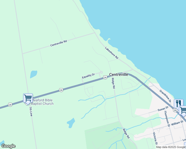 map of restaurants, bars, coffee shops, grocery stores, and more near Equality Drive in Meaford
