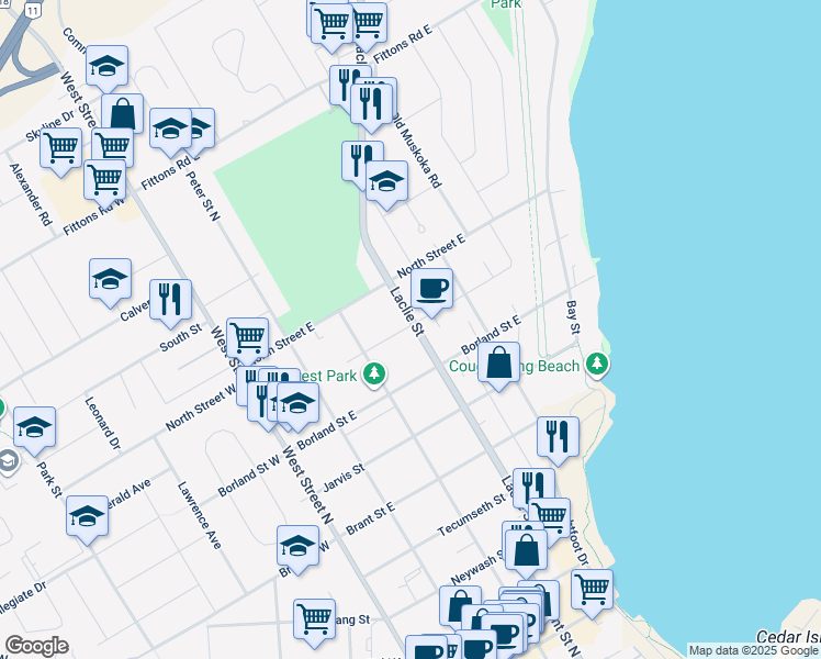 map of restaurants, bars, coffee shops, grocery stores, and more near 279 Laclie Street in Orillia