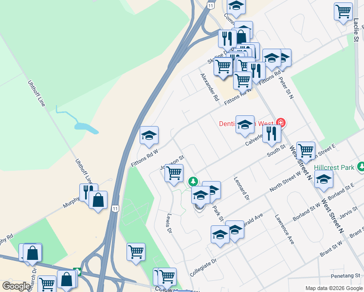map of restaurants, bars, coffee shops, grocery stores, and more near 42 Jordon Crescent in Orillia