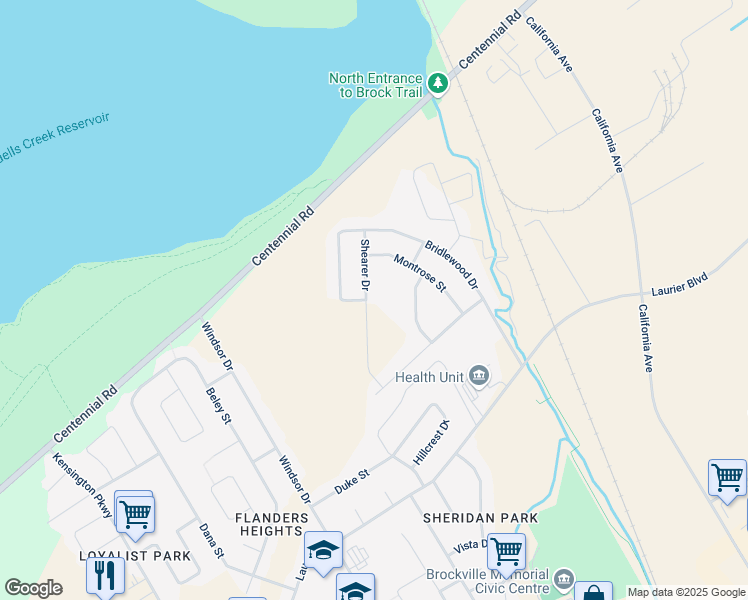 map of restaurants, bars, coffee shops, grocery stores, and more near 1079 Shearer Drive in Brockville