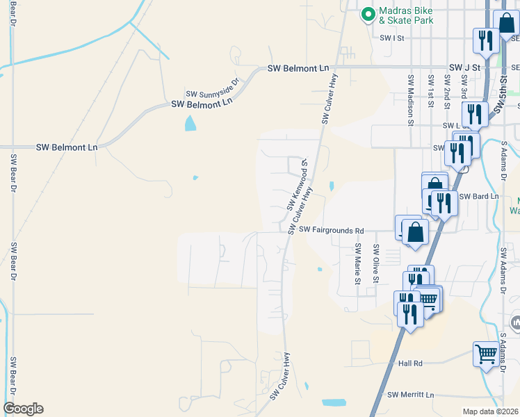 map of restaurants, bars, coffee shops, grocery stores, and more near 700 Southwest Elk Ridge Court in Madras