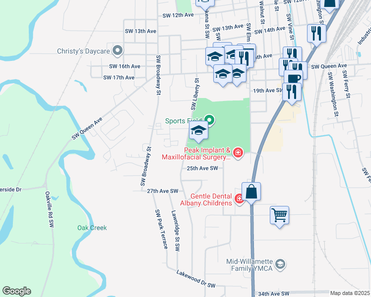 map of restaurants, bars, coffee shops, grocery stores, and more near 2345 Southwest Liberty Street in Albany