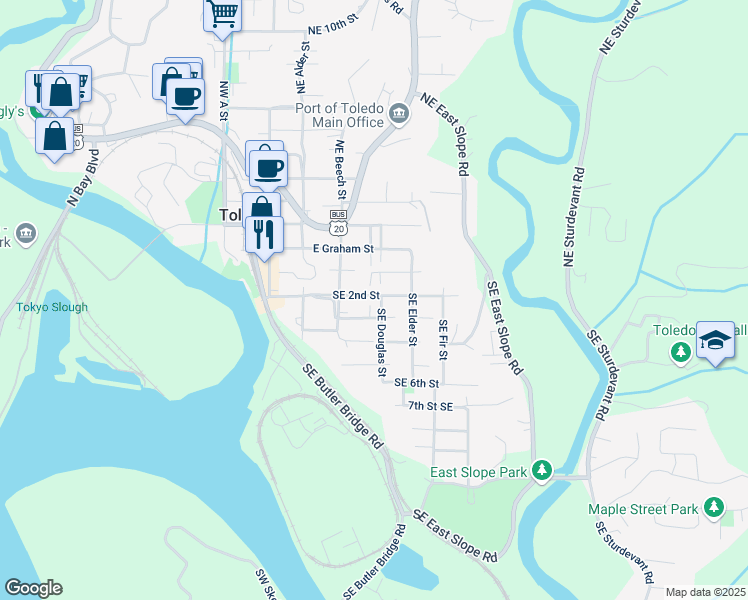 map of restaurants, bars, coffee shops, grocery stores, and more near 421 Southeast 2nd Street in Toledo