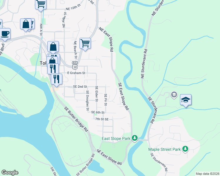 map of restaurants, bars, coffee shops, grocery stores, and more near 301-313 SE Olson Rd in Toledo