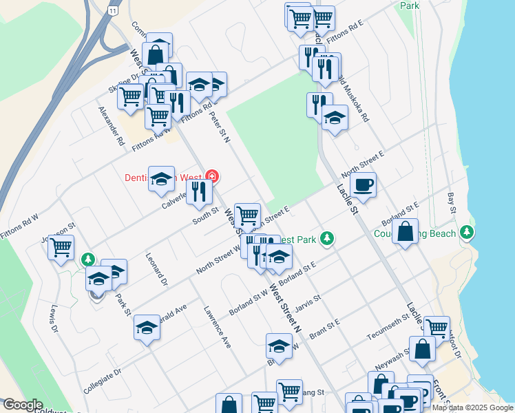 map of restaurants, bars, coffee shops, grocery stores, and more near 335 Peter Street North in Orillia