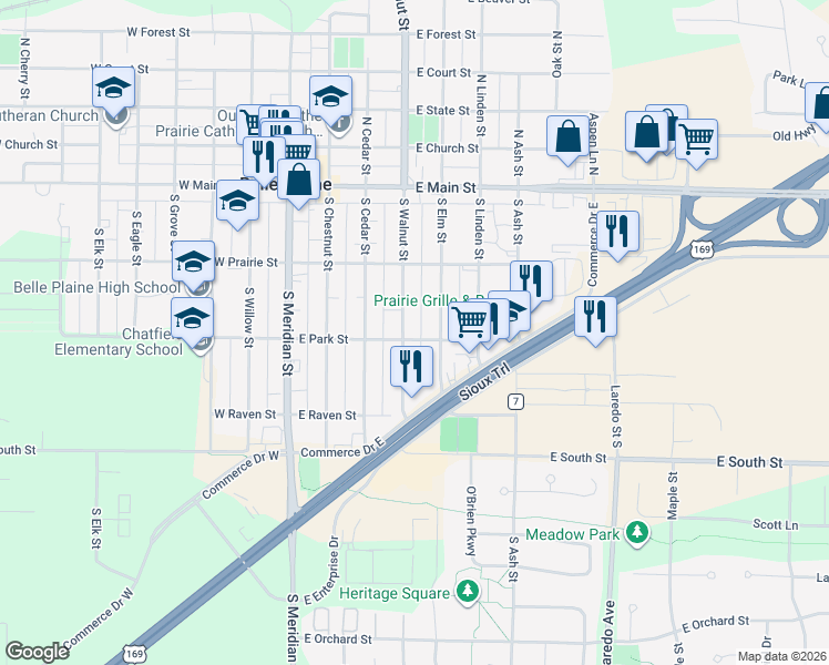 map of restaurants, bars, coffee shops, grocery stores, and more near 245 South Walnut Street in Belle Plaine