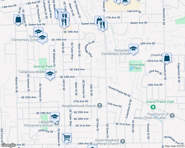 map of restaurants, bars, coffee shops, grocery stores, and more near 2325 Oak Street Southeast in Albany