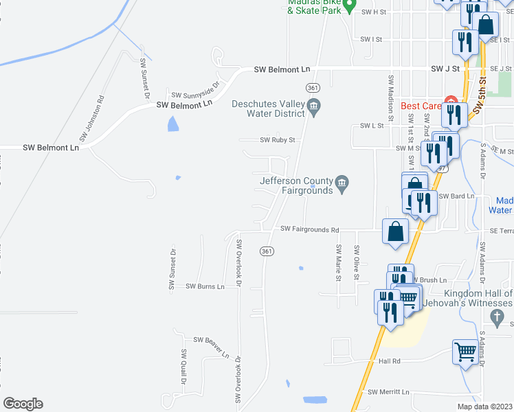 map of restaurants, bars, coffee shops, grocery stores, and more near 684 Blue Ridge Court in Madras