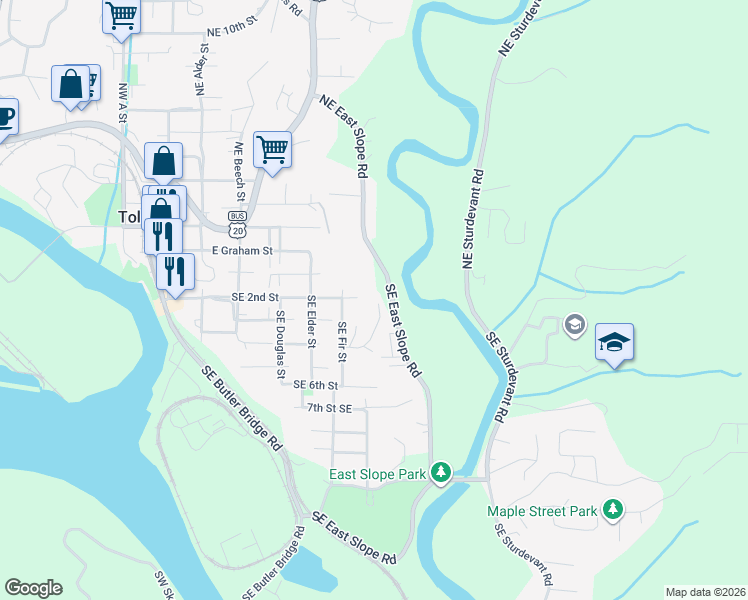 map of restaurants, bars, coffee shops, grocery stores, and more near 301-313 SE Olson Rd in Toledo